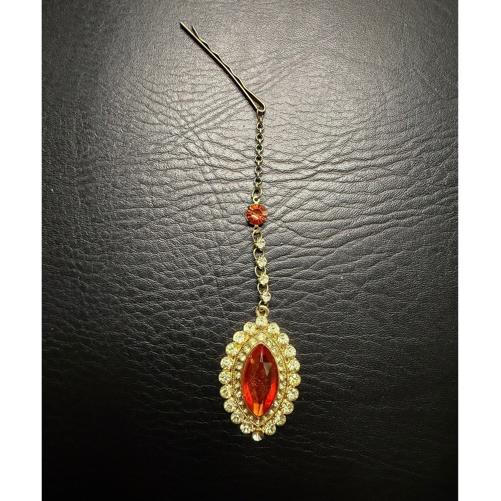 Gold Tone Orange Rhinestone Maang Tikka Hair Jewelry Bobby Pin Headpiece Boho